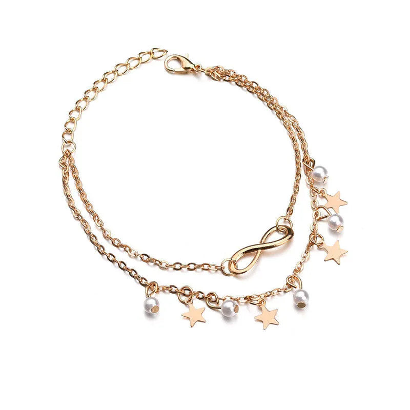 Dospita Boho Gold Color Star Infinity Anklets Fashion Multilayer Foot Chain New Simulated Pearl Anklet Bracelet for Women Beach Jewelry