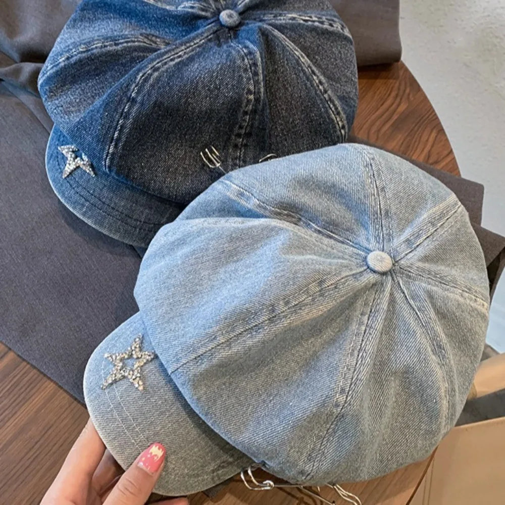 Dospita Painter Hat Y2K Vintage Denim Hat Sweet Cool Star Pattern Berets Cap Big Head Circumference Rough Edge Women Artist Hat Outdoor