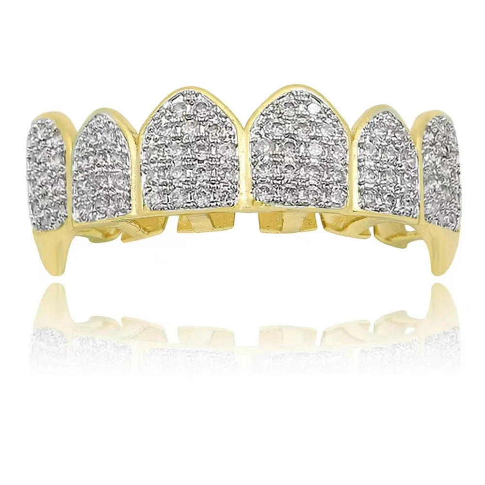 Dospita Hip Hop New Full CZ Teeth Grillz Caps Bling Cubic Zircon Iced Out Micro Pave Top&Bottom Charm Grills Set Men Women Jewelry Gift