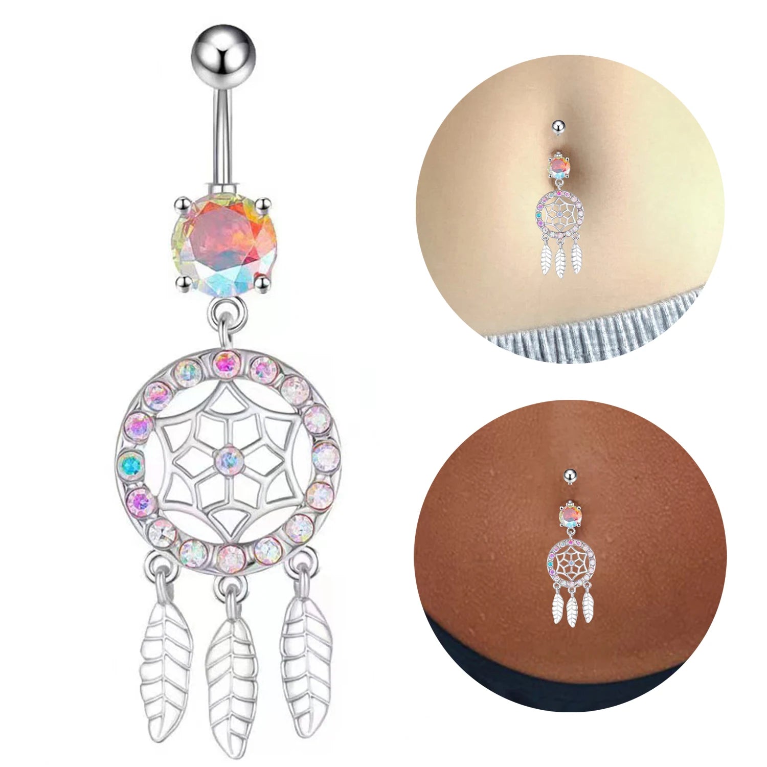 Dospita 1pcs Trendy Long Tassel Belly Button Ring With Rhinestone Round Pendant Surgical Steel Navel Piercing Bell Stud Body Jewelry