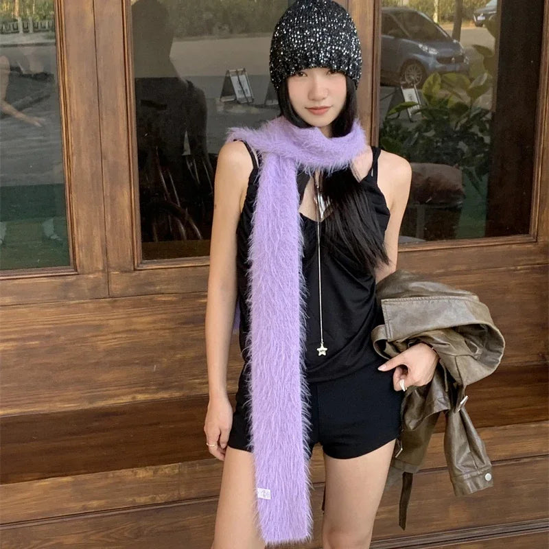 Dospita Korean Designer Runway Style Thin Scarf Fashionable Plush Long Strip Scarf Women's Imitation Mink Fur Y2K Girl Head Scarf Suit