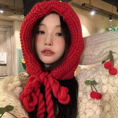 Dospita Handmade Winter Knitted Hat Wool Thicken Korea Lace Up Hat Skullie Cotton Blends Hooded Balaclava Hat Scarf Set Cap Accessories