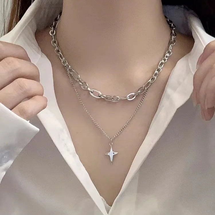 Dospita  -  New Design Double Layer Link Chain Cross Star Necklace for Women Man Teens Trendy Punk Hip hop Stainless Steel Choker