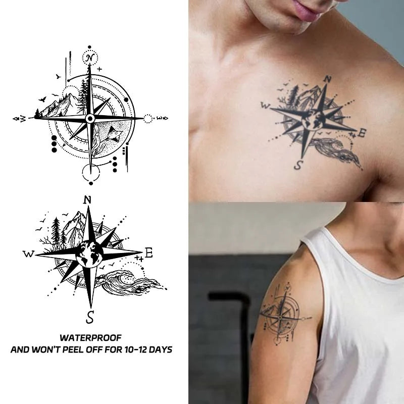 Dospita  -  Compass and Mountains Waterproof Temporary Tattoo, Long-Lasting, Realistic Fake Tattoo for Men and Women