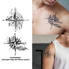 Dospita  -  Compass and Mountains Waterproof Temporary Tattoo, Long-Lasting, Realistic Fake Tattoo for Men and Women