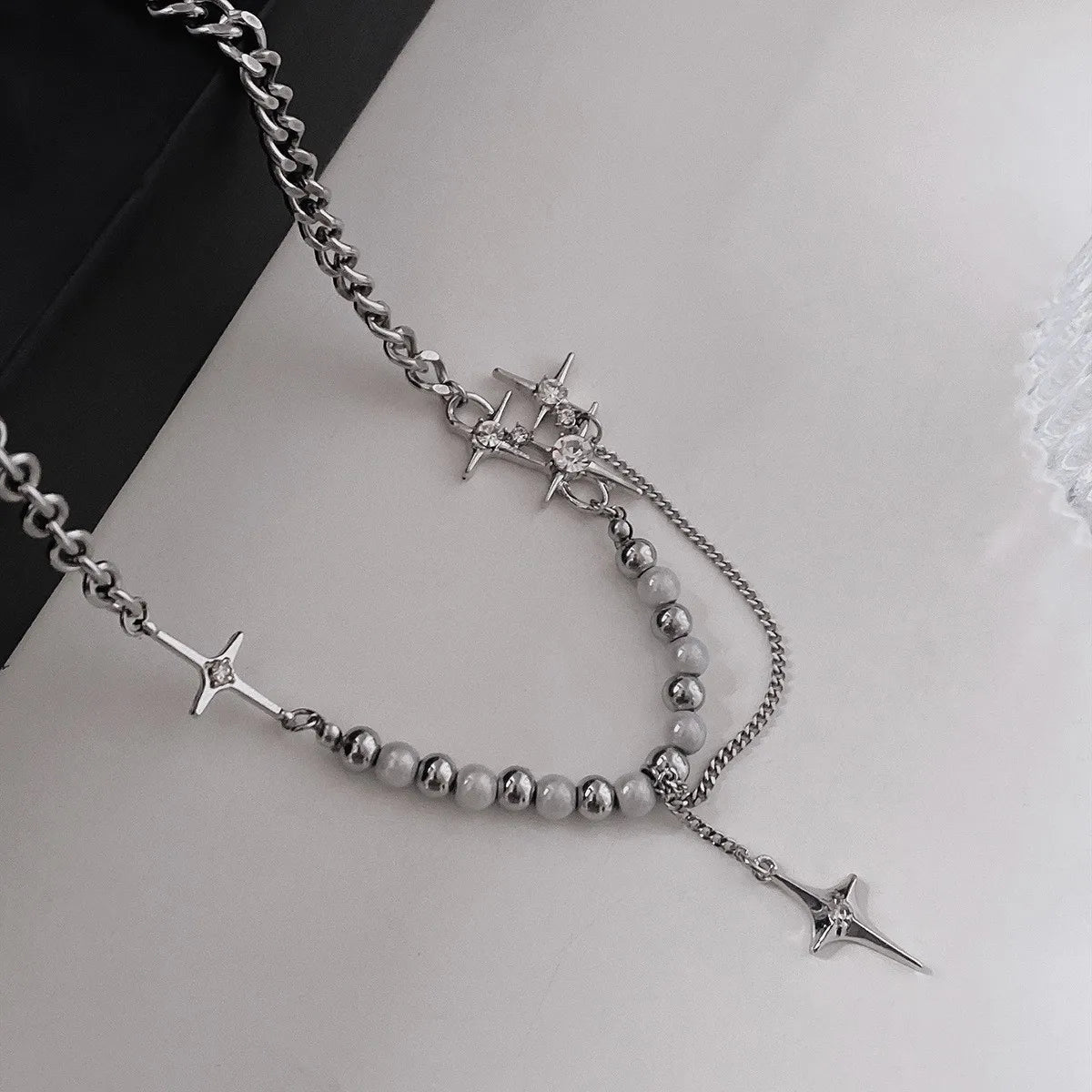 Dospita  -  Punk Cross Star Natural Stone Beaded Necklace Goth Cross Chain Necklace Kpop Pendant Necklaces for Women Party Jewelry