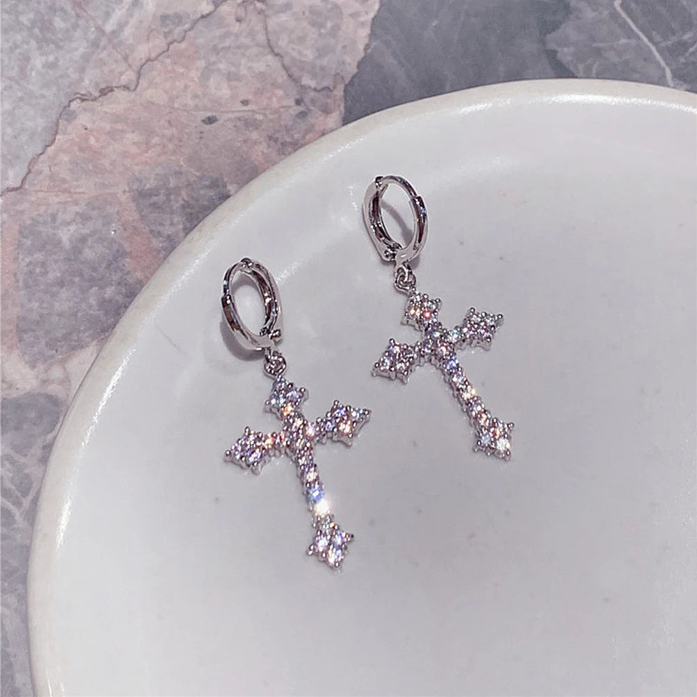 Dospita Rhinestone Cross Charm Drop Earrings for Women Fashion Gothic Earring Crystal Dangle Earrings Cute Party Gift