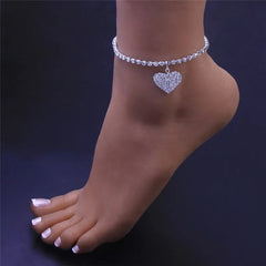 Dospita Luxury Rhinestone Anklet for Women Silver Color Heart Foot Chain Beach Party Ankle Accessories Bracelets Couple Gifts