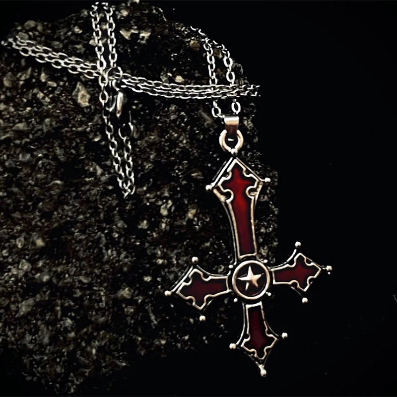 Dospita Gothic Inverted Cross Pendant Unisex Punk Necklace Vintage Blood Red Choker Jewelry Halloween Witch Accessories