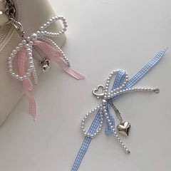 Dospita  -  Y2K Lattice Ribbon Bowknot Pearls Bag Pendant Charm Heart Keychain Elegant Beaded Keyring Sweet Key Chain Phone Key Bag Hangings