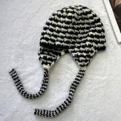 Dospita Fashion Stripe Ear Protective Hat Windproof Y2K Women Knitted Hat Strap Tie Crochet Wool Pullover Hat Outdoor