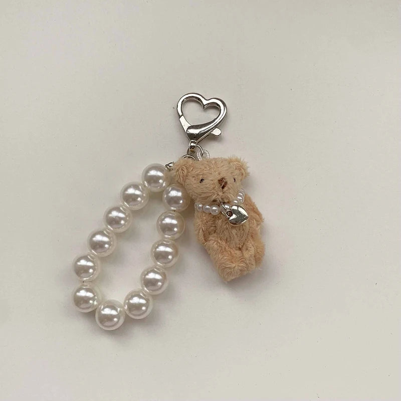 Dospita  -  Plush Teddy Bear Pearl Bracelets Cell Phone Chain Cute Doll Bag Charms Keychain Pendant Girl Heart Hanging Ornament