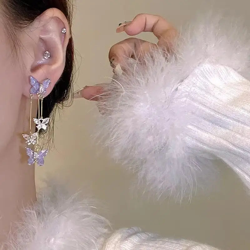 Dospita  -   Needle Purple Butterfly Long Tassel Earrings For Women Jewelry Trending Korean Fashion Luxury Crystal Earrings