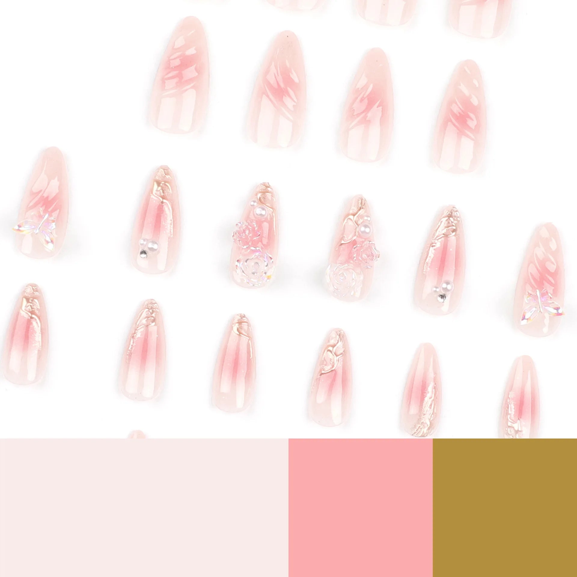 Dospita 24pcs Pink Blush Flower Fake Nail for Women Wearable Y2k 3D Wave Decor False Nail Patch Korean Sweet Almond Press on Nails