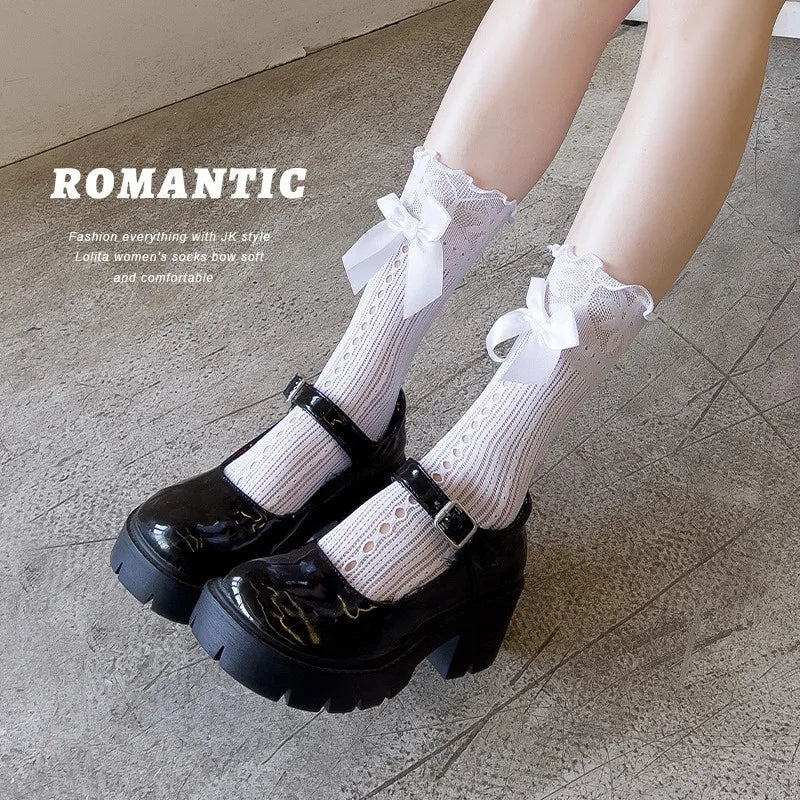 Dospita  -  1Pair Beige Lace Bow JK Socks White Mesh Fairy Socks Lolita Japanese French Summer Thin Style with Small Leather Shoes Lace Sock