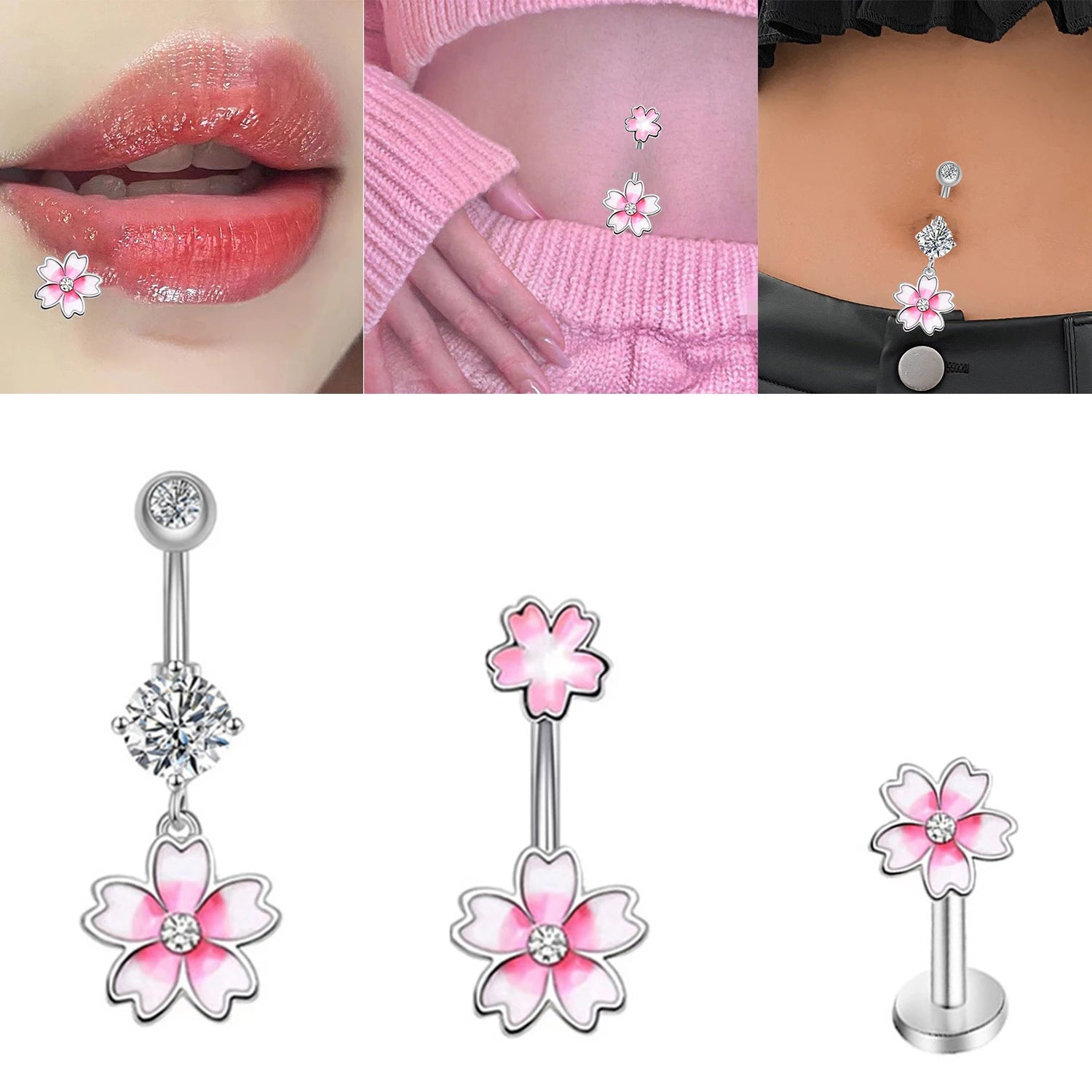 Dospita 1PC Pink Flower Belly Button Rings For Women Nipple Ring Zircon Drop Dangle Body Jewelry Piercing Beach Belly Nose Rings Earring