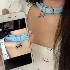 Dospita Harajuku Accessories Blue Leather Bone Necklaces Sexy Jewelry Crystal Choker Korean Fashion Y2K Kawaii Jewelry Grunge Necklaces