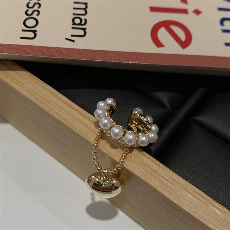 Dospita Gold Color Heart Rhinestone Tassel Non-Piercing Cuff Ear Clip Earring For Women Elegant Femme Fake Cartilage Piercing Jewelry