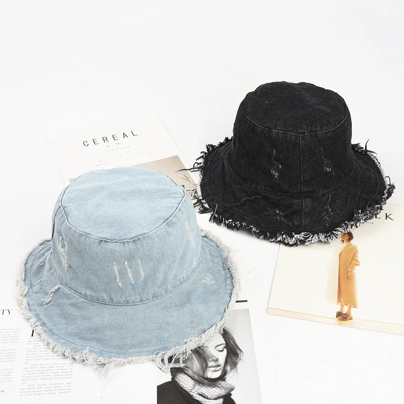 Dospita New Denim Bucket Hat with Frayed Edges Fisherman Cap Hats for Women Gorro Sun Fishing Caps