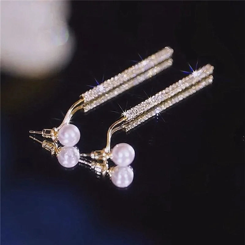 Dospita  -  Korean Long Tassel Pearl Dangle Earrings for Women Luxury Full Rhinestone Gold Color Drop Earrings Wedding Party Jewelry Gift