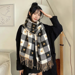 Dospita Women's Winter Scarf Love Heart Cashmere Long Tassel Shawl Thickened Warm Plaid Neckband Scarf Men Korean Fashion Accessories