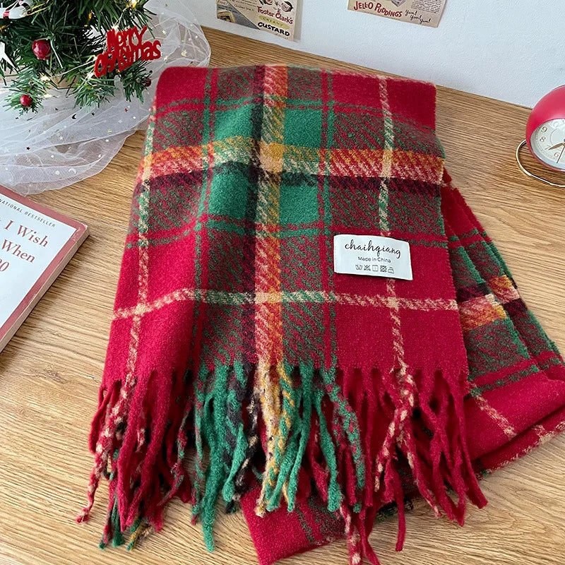 Dospita Women's Cashmere Scarf Green Plaid Vintage Winter Korean Thick Warm Long Tassel Shawl Neck Christmas Gift Fashion Accessories