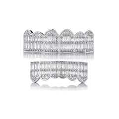 Dospita Hip Hop Full CZ Iced Out Teeth Grillz Caps Bling Cubic Zircon Micro Pave Top & Bottom Charm Grills Set For Men Women Jewelry