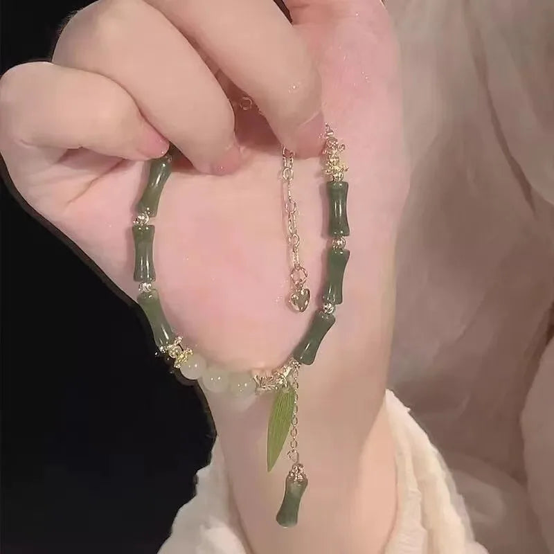 Dospita Pcs Handmade Green Color Natural Stone Bamboo Bracelet for Women Joint Leaves Tassel Beads Strand Beaded Bracelets Accessories