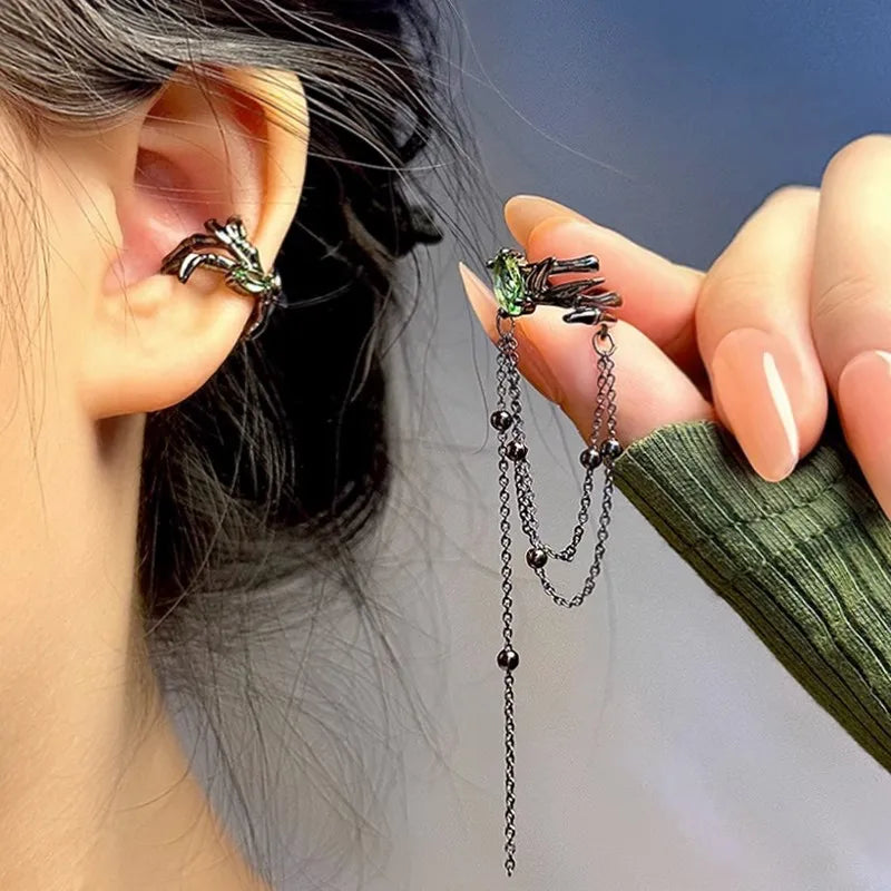 Dospita New Irregular Black Thorn Tassel Earbone Clip Earrings for Women Fake Piercing Asymmetric Black Green Zircon Chain Ear Jewelry