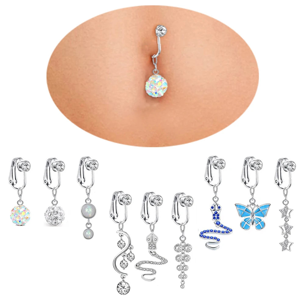 Dospita 1Pc Fake Belly Button Ring Fake Belly Piercing Crown Clip On Umbilical Non Navel Fake Piercing Butterfly Cartilage Earring Clip