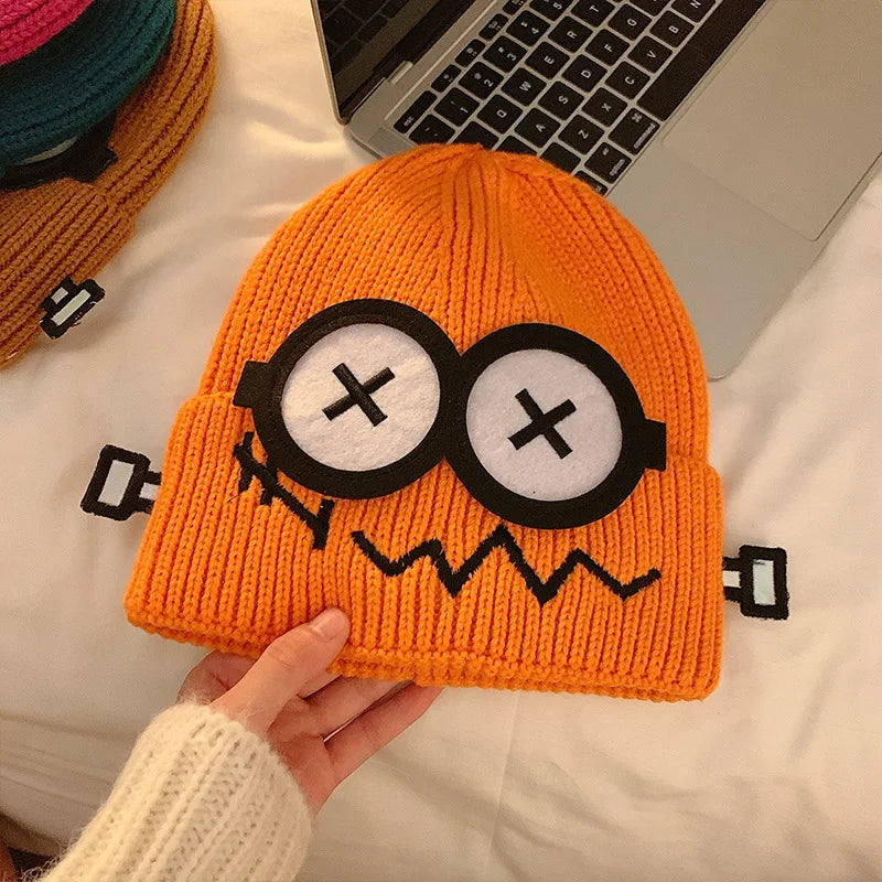 Dospita  -  Kpop Cute Cartoon Cuff Beanie Cap Women's Candy Color Big Eyes Smile Skullies Hat Fashion Streetwear Student Warm Winter Knitted