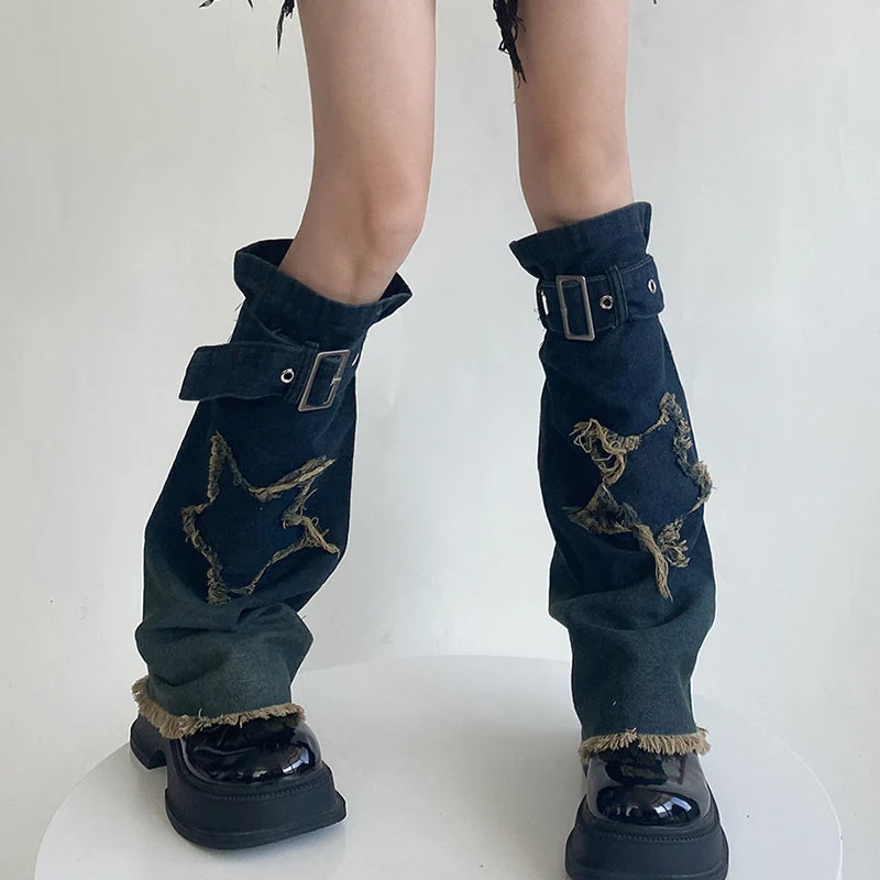 Dospita Punk Gothic Cross Denim Leg Warmers Harajuku Boot Cuffs Sock Y2K Star Strap Leg Covers Personalized Calf Socks Y2k Accessories