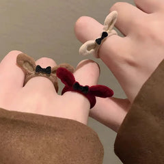 Dospita  -  Cute Open Rings For Women Flocking Rabbit Bowknot Rings Girls Adjustable Cartoon Handmade Plush Finger Ring Jewelry Gift