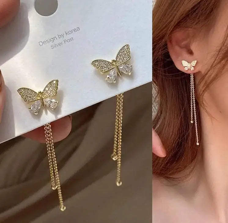 Dospita  -   Needle Purple Butterfly Long Tassel Earrings For Women Jewelry Trending Korean Fashion Luxury Crystal Earrings