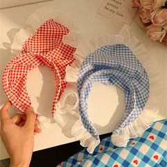 Dospita Summer Plaid Hair Scarf Headband for Women Girls Fashion Korean Sweet Lace Travel Photo Hairbands Headwear Hair Accessories