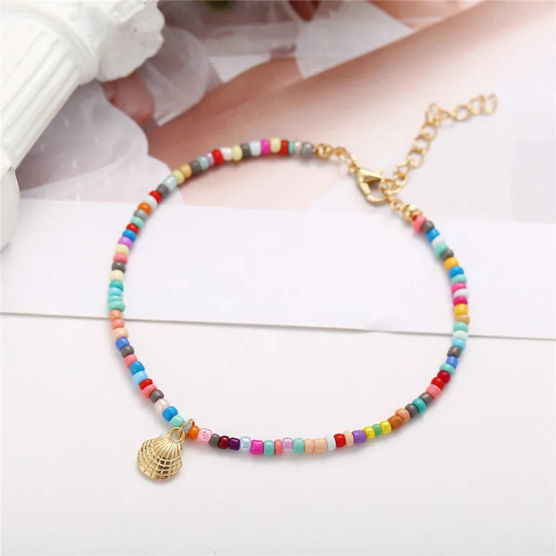 Dospita Bohemian Colorful Beads Shell Anklets for Women Summer Ocean Beach Ankle Bracelet Foot Leg Jewelry