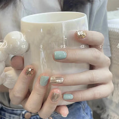 Dospita 10Pcs Handmade Press on Nails Fresh Milk Green Champagne Short False Nails Glitter Sequins Design Full Cover Art Fake Nail Tips