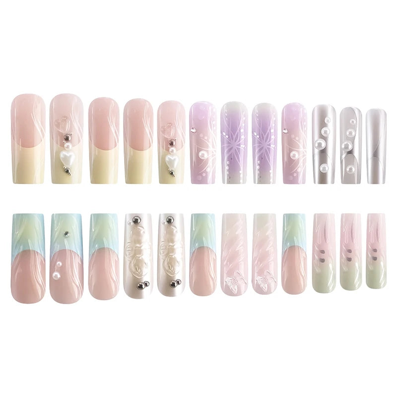 Dospita 24pcs French 3D Colorful Press on Nail Smudge Y2k Butterfly Square Fake Nails White pearl Wearable False Nail for Women and Girl