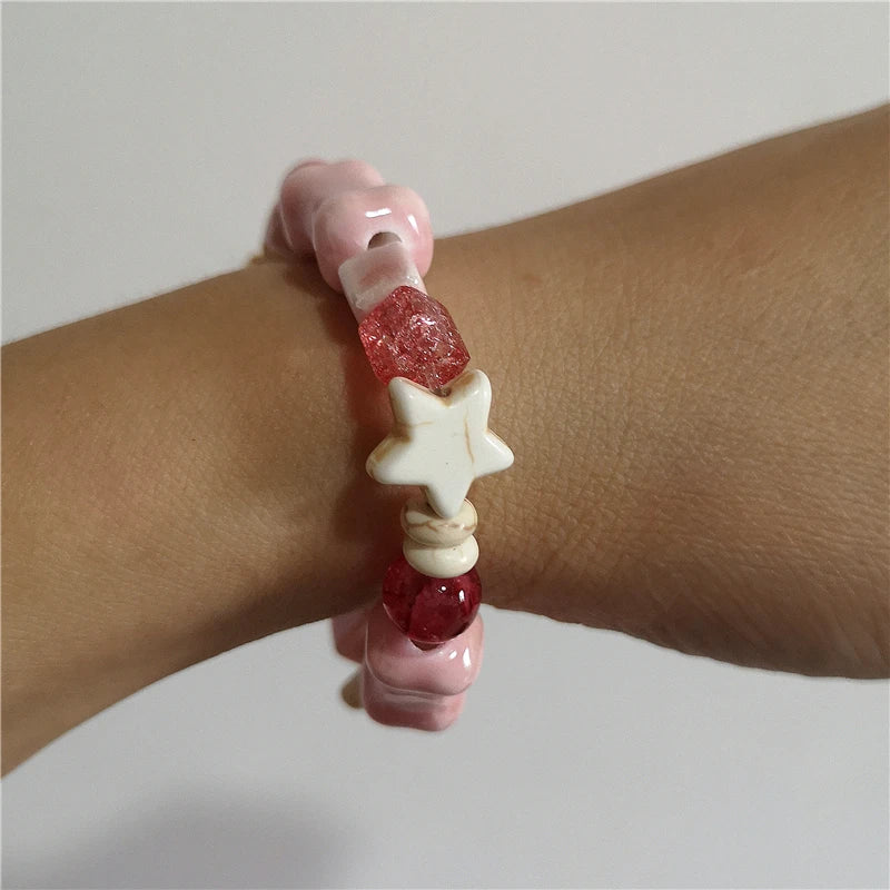 Dospita  -  Cute Y2K Harajuku Aesthetic Pink Acrylic Ceramic Star Beaded Bracelet For Girl EMO 2000s Charm Jewelry Accessories Birthday Gift