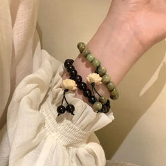 Dospita Retro Wooden Beaded Strand Bracelets Natural Sandalwood Bracelet Elastic Handwoven Lotus Sandalwood Bangle Jewelry