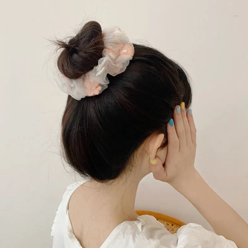 Dospita Hair Tie Hair Rope Embroidery Flowers Mesh Scrunchies Ponytail Transparent Tulle Romantic Pink Blue Hair Accessories