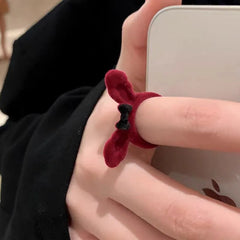 Dospita  -  Cute Open Rings For Women Flocking Rabbit Bowknot Rings Girls Adjustable Cartoon Handmade Plush Finger Ring Jewelry Gift