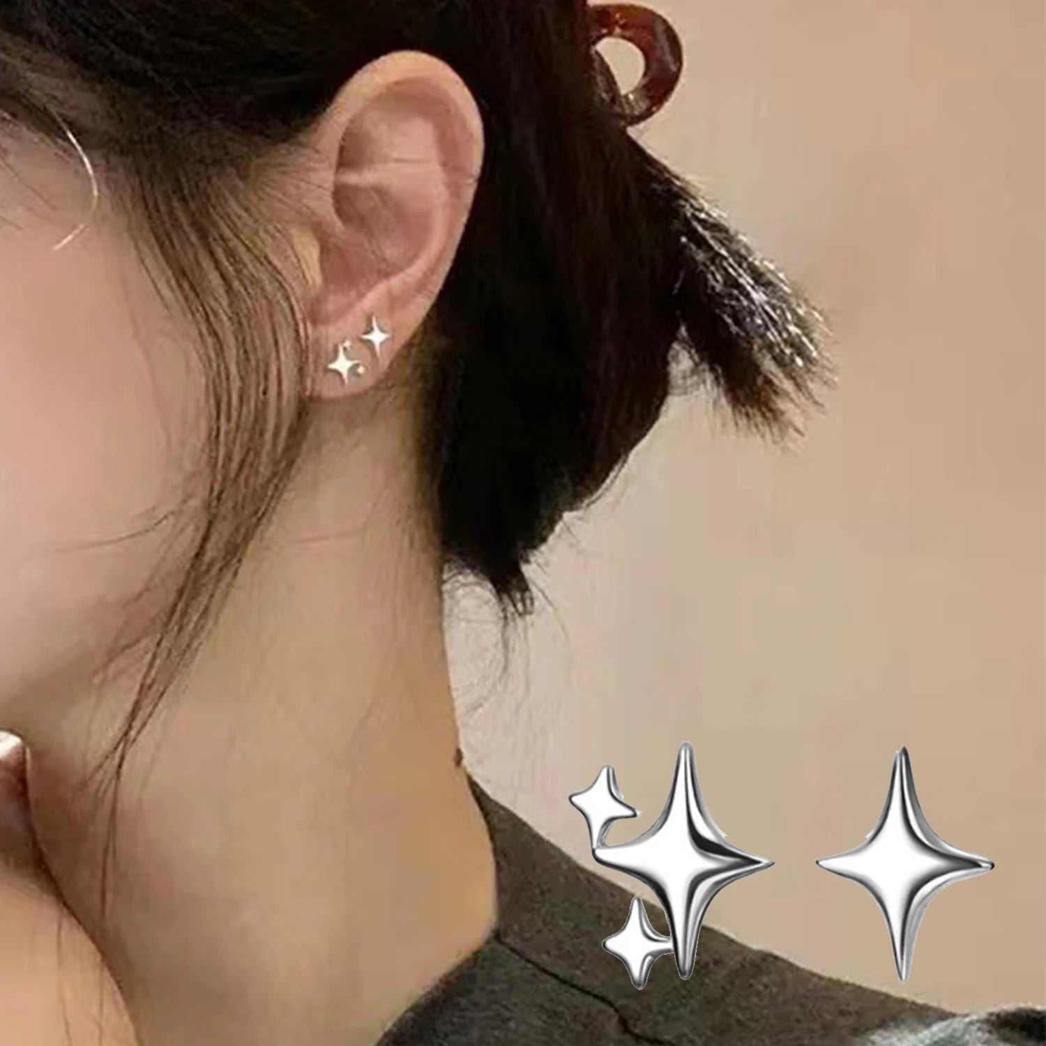 Dospita Silver Color Asymmetric Four-pointed Star Earrings For Women Super Fairy Stud Earring Simple Jewelry Hot Sale Gift