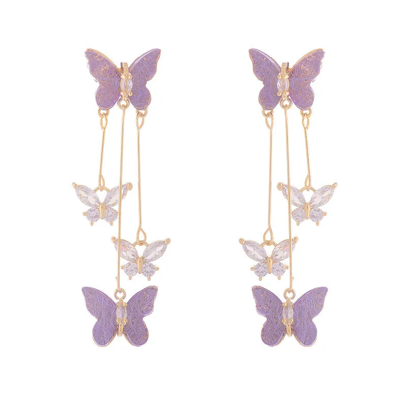 Dospita  -   Needle Purple Butterfly Long Tassel Earrings For Women Jewelry Trending Korean Fashion Luxury Crystal Earrings