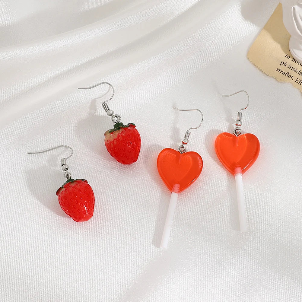 Dospita Resin Earrings Paper Clip Eardrop Strawberry Earrings Christmas Asymmetric Earrings Earring For Women Ear Ring Love Earrings