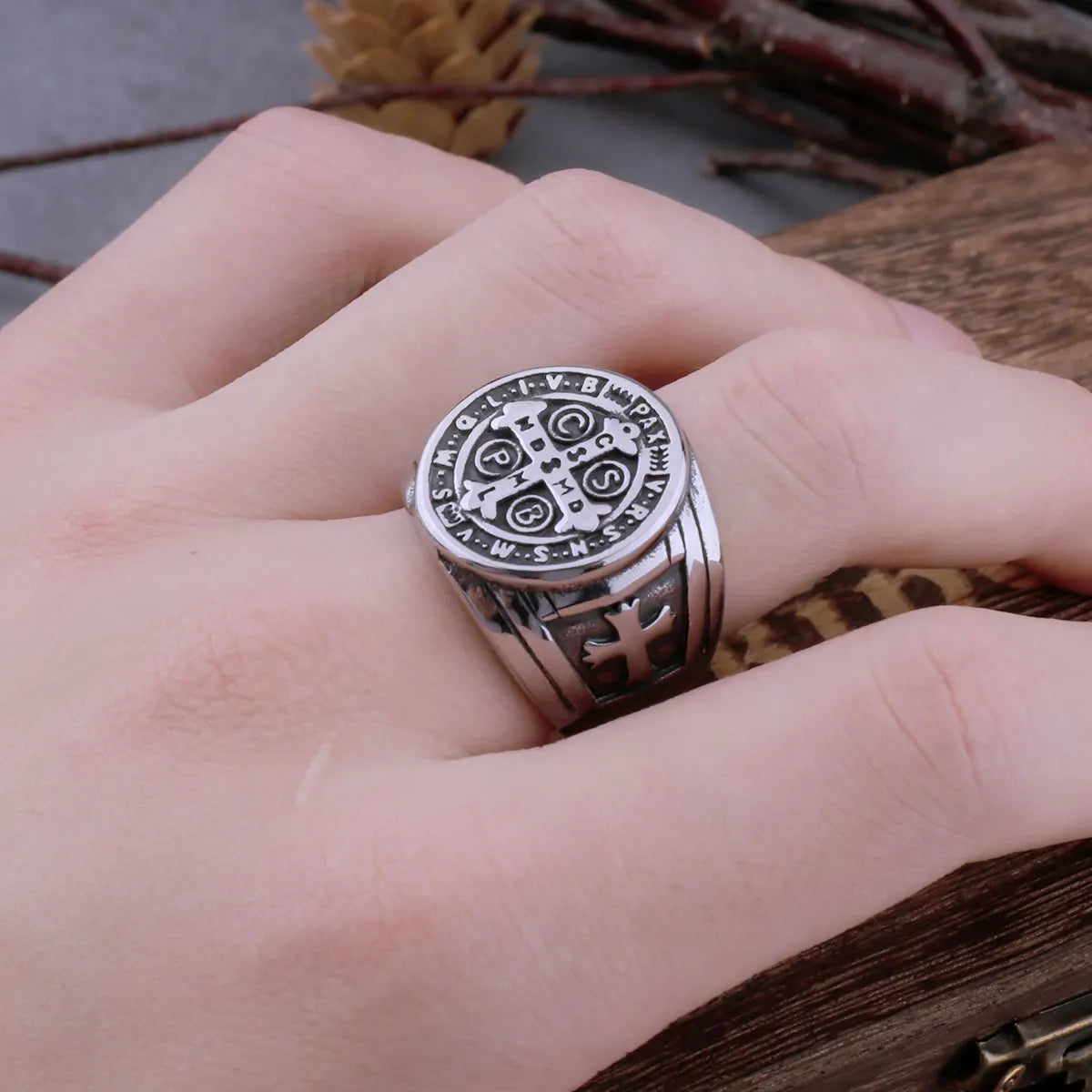 Dospita Vintage Religious Saint Benedict's Christian Cross Ring Mens Punk Hip Hop Biker Stainless Steel Jewelry Gift for Boyfriend