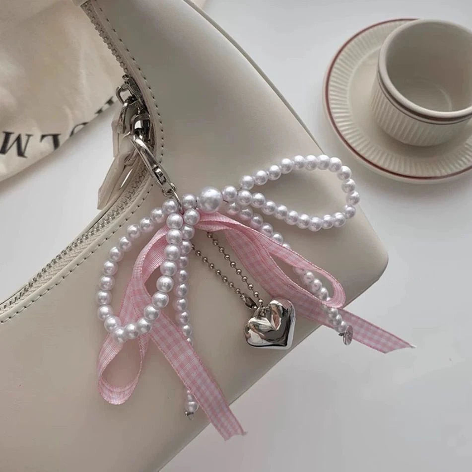 Dospita  -  Y2K Lattice Ribbon Bowknot Pearls Bag Pendant Charm Heart Keychain Elegant Beaded Keyring Sweet Key Chain Phone Key Bag Hangings