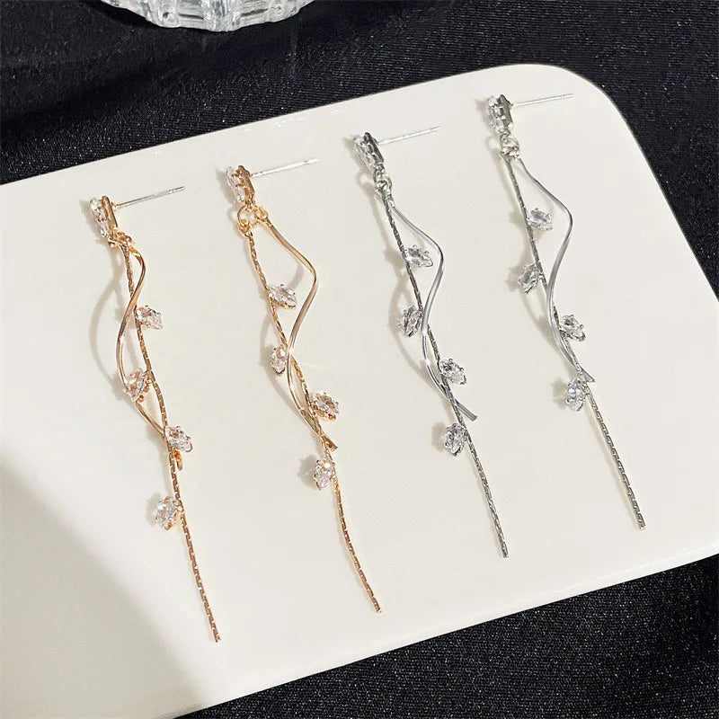 Dospita  -  Long Silver Plated Crystal Leaf Tassel Drop Earrings For Women Wedding Fashion Jewelry Gift