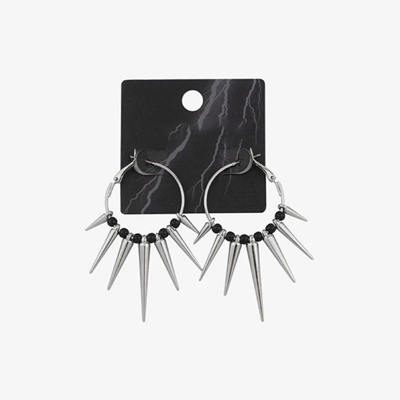 Dospita Grunge Y2K Black Beads Long Spike Hoops Earrings Vintage Kpop Spiky Rivet Big Hoop Huggies Earrings for Parry Egirl Jewelry