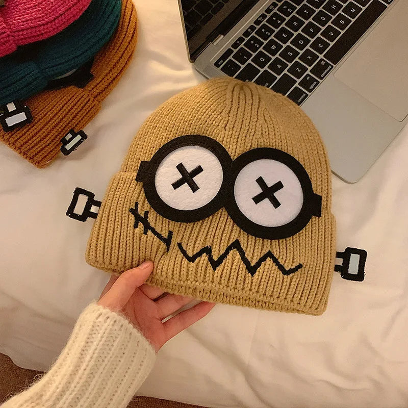 Dospita  -  Kpop Cute Cartoon Cuff Beanie Cap Women's Candy Color Big Eyes Smile Skullies Hat Fashion Streetwear Student Warm Winter Knitted